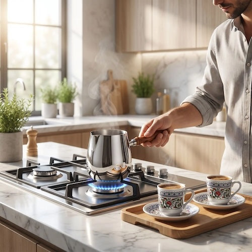 Cafetiere turc TurcAuthentic homme fait bouillir le café sur cuisinière