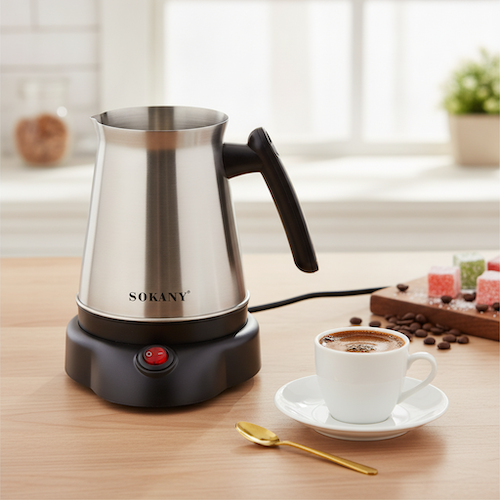 Cafetiere turque VINGO sur le comptoir avec une tasse de café