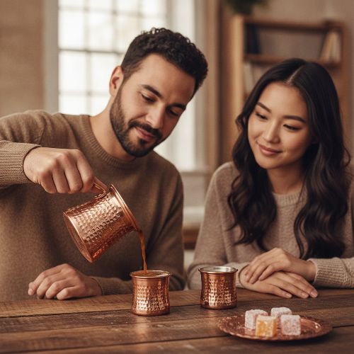 Cafetiere turque Cezve Ibrik homme verse thé dans une tasse