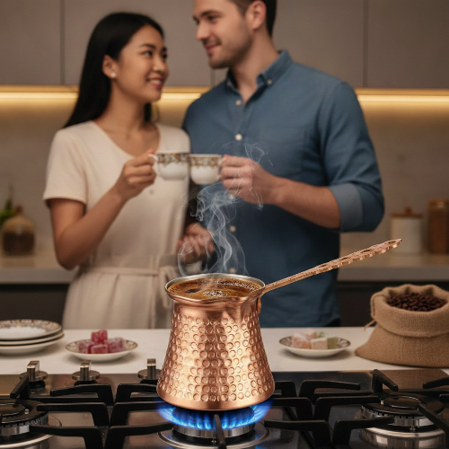 Cafetiere turque Cezve Ibrik chauffe sur cuisinière