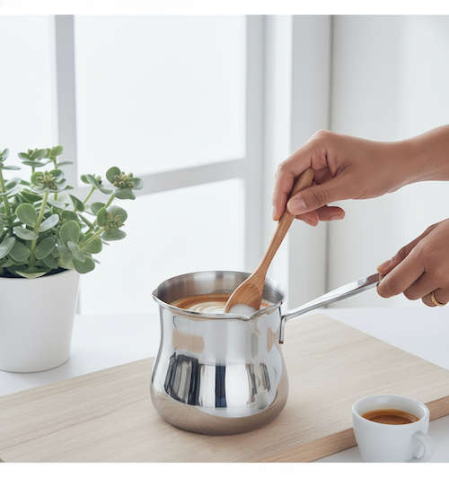 Cafetiere turque induction InoxTradition femme brasse le café avec une cuillère