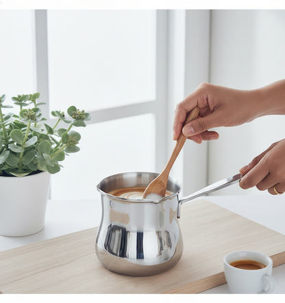 Cafetiere turque induction InoxTradition femme brasse le café avec une cuillère