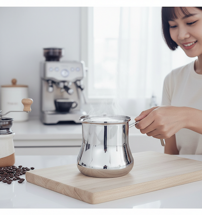 Cafetiere turque induction InoxTradition tenus par femme sur une planche de bois