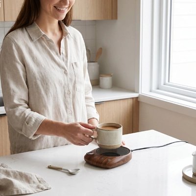 Chauffe tasse electrique Intelligent femme dépose son café sur le chauffe tasse