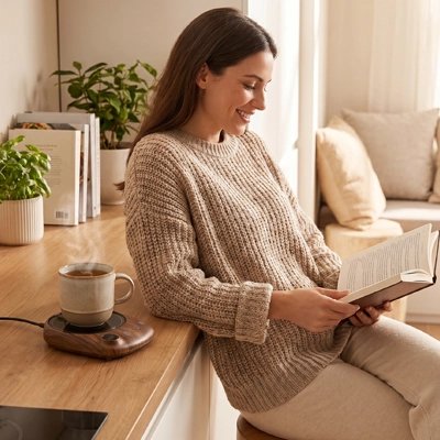 Chauffe tasse electrique Intelligent femme lit un livre en gardant son café chaud