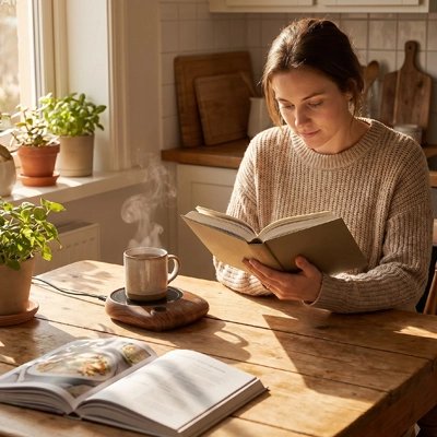 Chauffe tasse electrique Intelligent sur table avec café et femme lit un livre