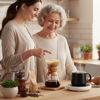 Chauffe tasse ThermaKeep avec deux femmes devant café 