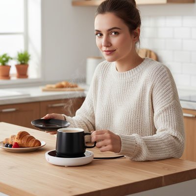 Chauffe tasse ThermaKeep avec femme buvant café