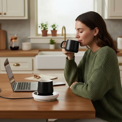 Chauffe tasse ThermaKeep avec femme buvant café
