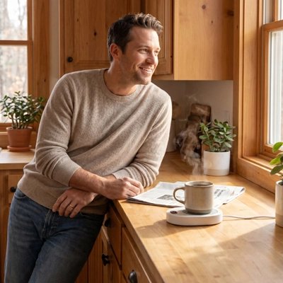 Chauffe tasse USB Thermique USB sur comptoir avec homme