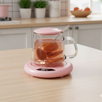 Chauffe tasse USB rose sur table