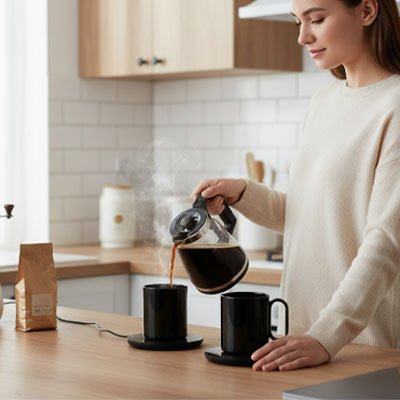 Chauffe Tasse USB Thermo Sip femme verse café dans tasse noire