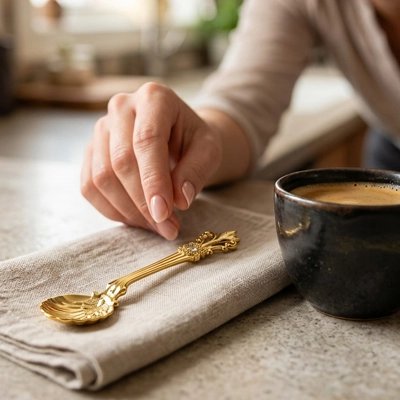 Cuillère à café Élégance sur serviette près d'une tasse de café