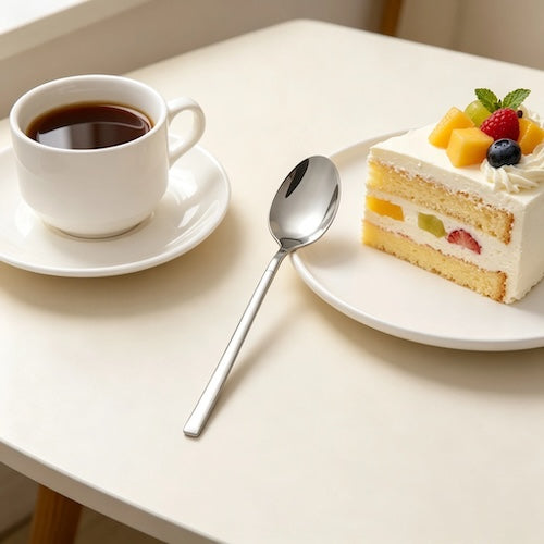 Cuillères à café Signature avec un gâteau et un café noir