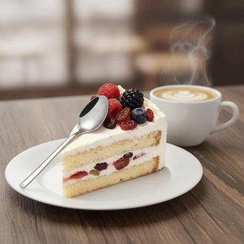 Cuillères à café Signature sur un gâteau accompagné d'un café