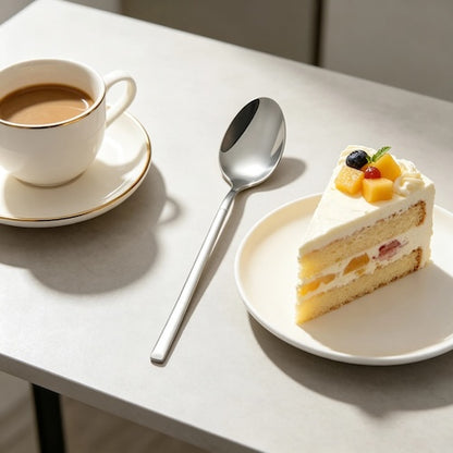 Cuillères à café Signature avec un gâteau et un café avec lait
