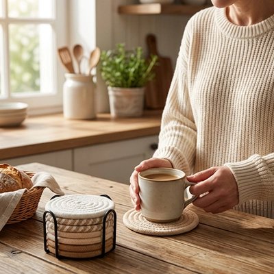 Dessous de verre en crochet Héritage femme tient une tasse de café sur le dessous de verre