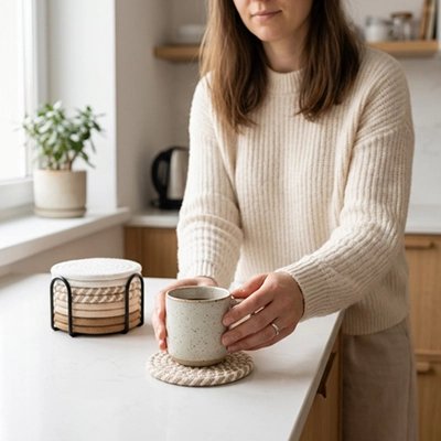 Dessous de verre en crochet Héritage femme tient une tasse sur le dessous de verre