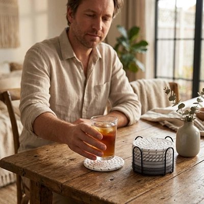 Dessous de verre en crochet Héritage homme s'apprête à déposer un verre