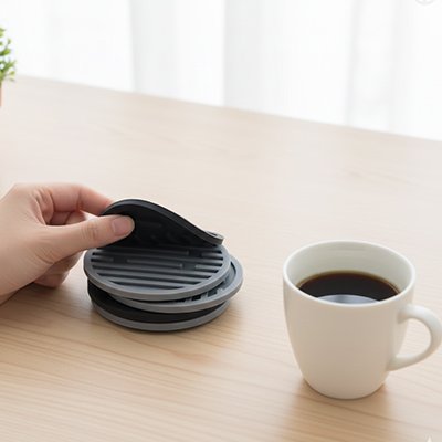 Dessous de verre ​Protection Silicone gris sur table avec tasse