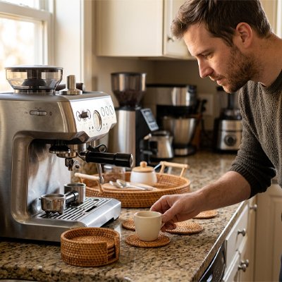 Dessous de verre Protection Premium homme devant cafetière