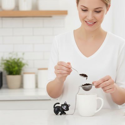 Femme avec boule a the sur tasse blanche 