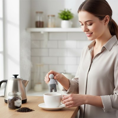 Femme avec infuseur à thé sur tasse