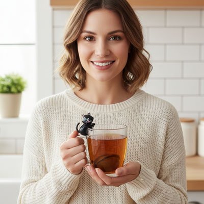 Femme avec tasse et boule a the noire 