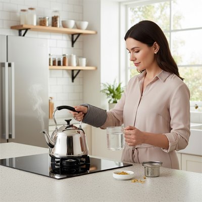 Femme dépose théière en inox sur plaque chauffante 