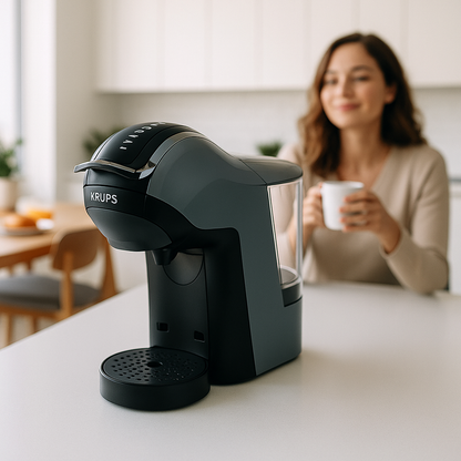 Femme regarde cafetière a cafe a capsule