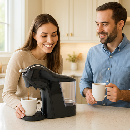 Femme verse café cafetière a cafe a capsule homme regarde