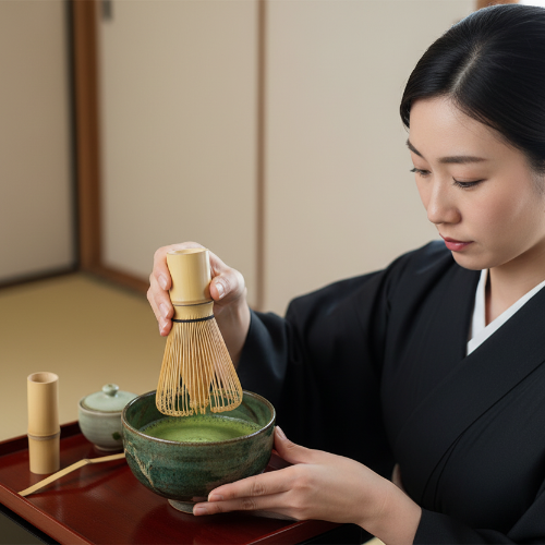 Fouet a matcha Chasen 100 femme tient le fouet sur le bol à matcha