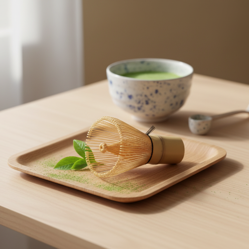 Fouet a matcha Chasen 100 couché sur plateau