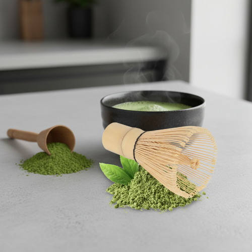 Fouet a matcha Chasen 100 sur du matcha devant un bolo
