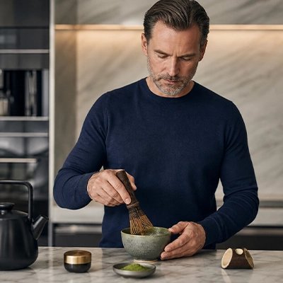 Fouet matcha Bambou Traditionnel  dans un bol tenu par homme