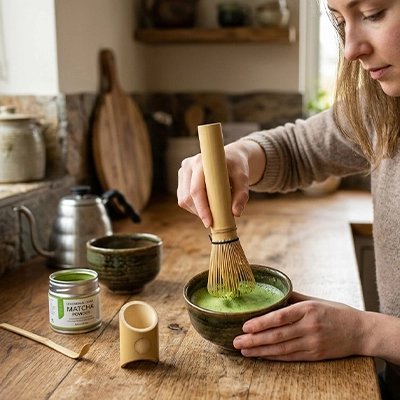 Fouet matcha Bambou Traditionnel sur le matcha tenue par femme