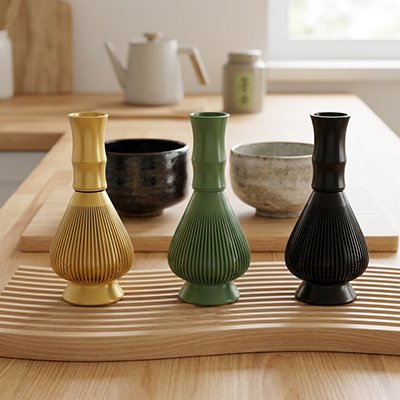 Fouet matcha Coloré Durable  les trois couleurs et leurs supports 