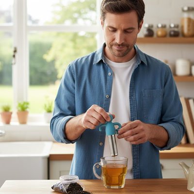 Homme dépose un unfuseur à thé dans une tasse