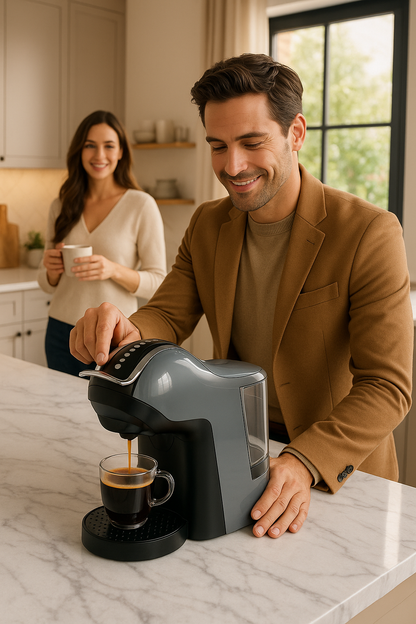 Homme versant tasse café cafetiere a cafe a capsule femme regarde