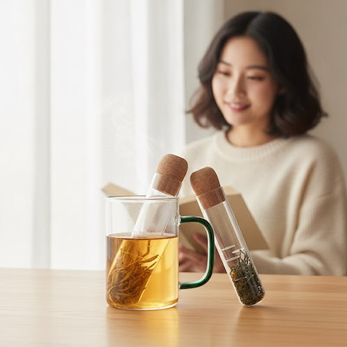 Infuseur à thé pour tasse Infusio infuse dans tasse devant femme