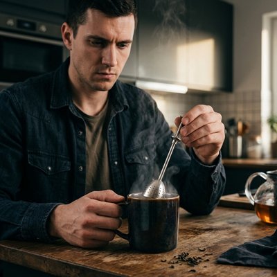 Infuseur the Infusion Pure tenu par homme au dessus d'une tasse de thé