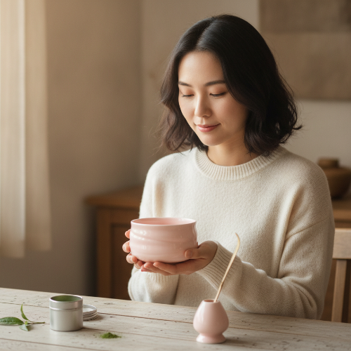 Kit a matcha Rituel Japonais femme tient un bol de matcha dans ses mains