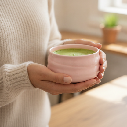 Kit a matcha Rituel Japonais femme tient un bol rempli de matcha 