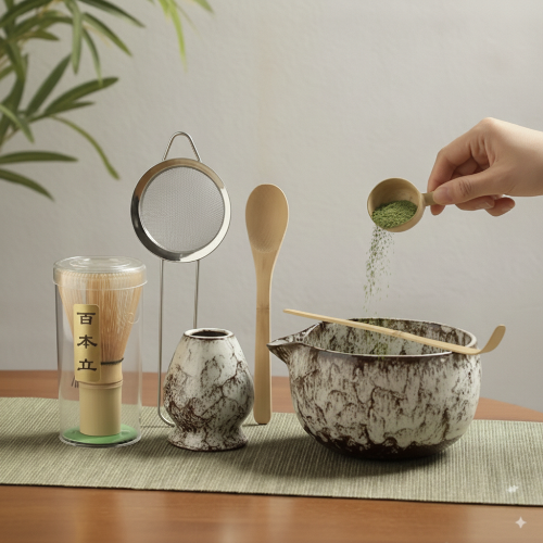 Kit matcha Traditionnel Japonais matcha versé dans le bol à matcha