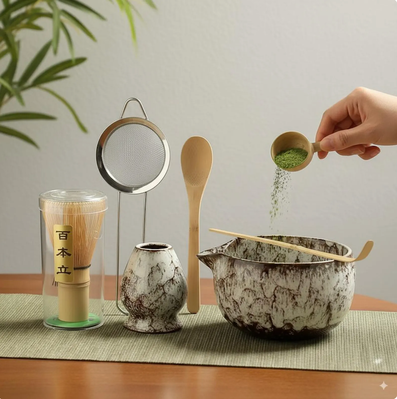 Kit Matcha Traditionnel Japonais verse matcha avec ensemble complet