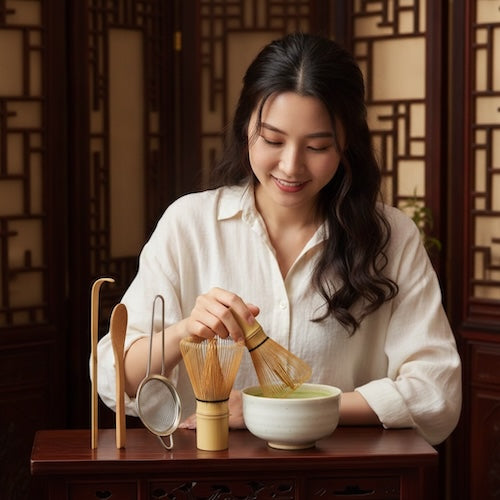 Kit thé matcha Chasen & Co femme devant ensemble blanc