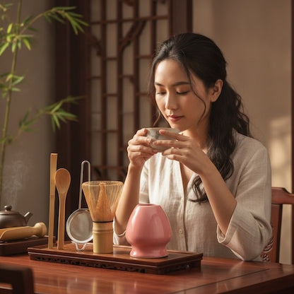 Kit thé matcha Chasen & Co femme devant ensemble rose