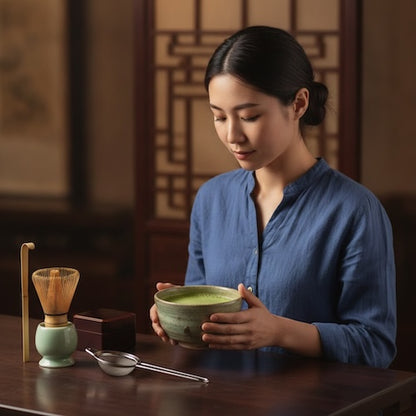 Kit thé matcha Chasen & Co femme devant ensemble vert