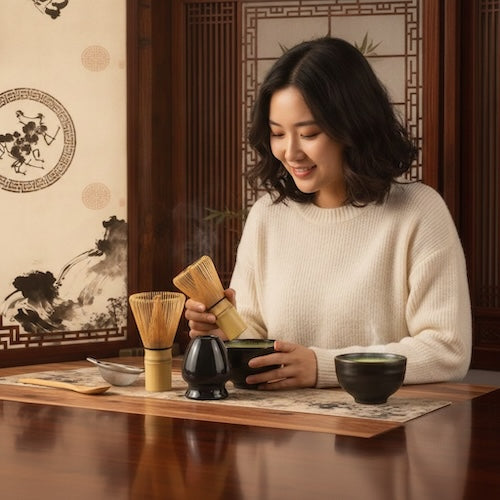 Kit thé matcha Chasen & Co femme devant ensemble noir