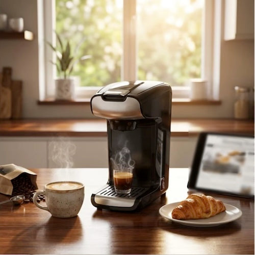 Machine aù cafe capsule Essence sur le comptoir avec croissant